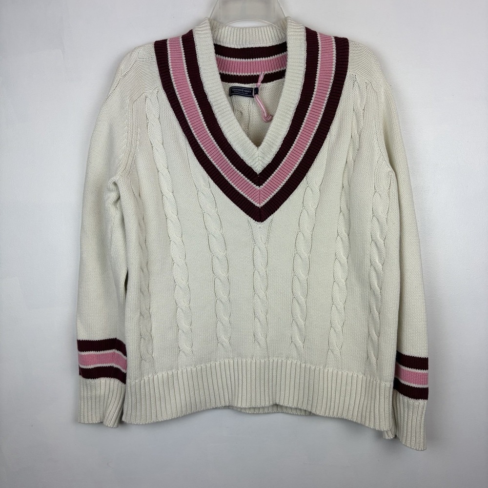 Vineyard Vines Varsity Sweater Womens Large Cable Knit V Neck Cotton Preppy